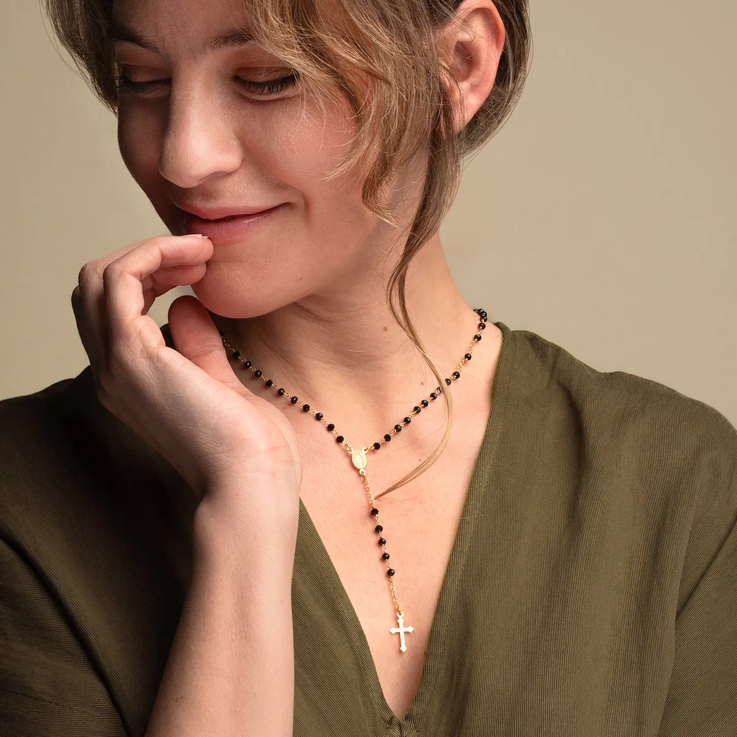 BLACK CRYSTAL ROSARY NECKLACE - VERMEIL SILVER