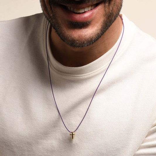 CROSS NECKLACE - PURPLE ROPE AND GOLDEN SILVER