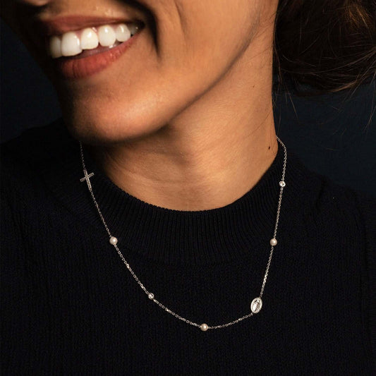 MIRACULOUS AND CROSS - NECKLACE PEARL AND CRYSTAL - SILVER