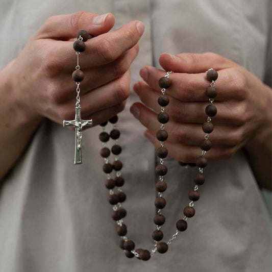 BLACK WOOD BEADS ROSARY - SILVER