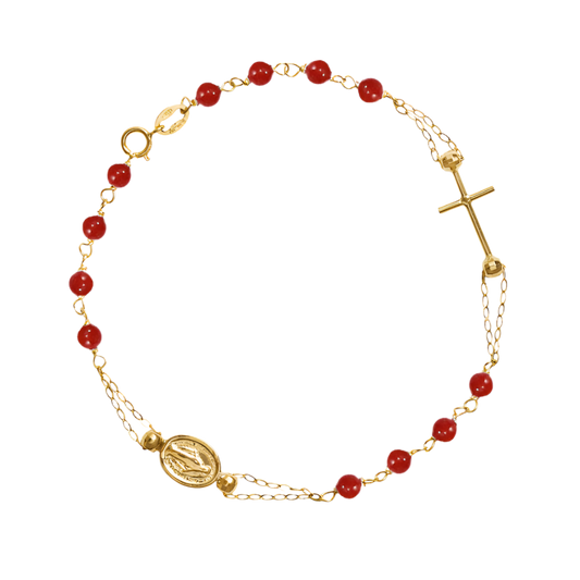 MIRACULOUS AND CROSS - CORAL ROSARY BRACELET - GOLD