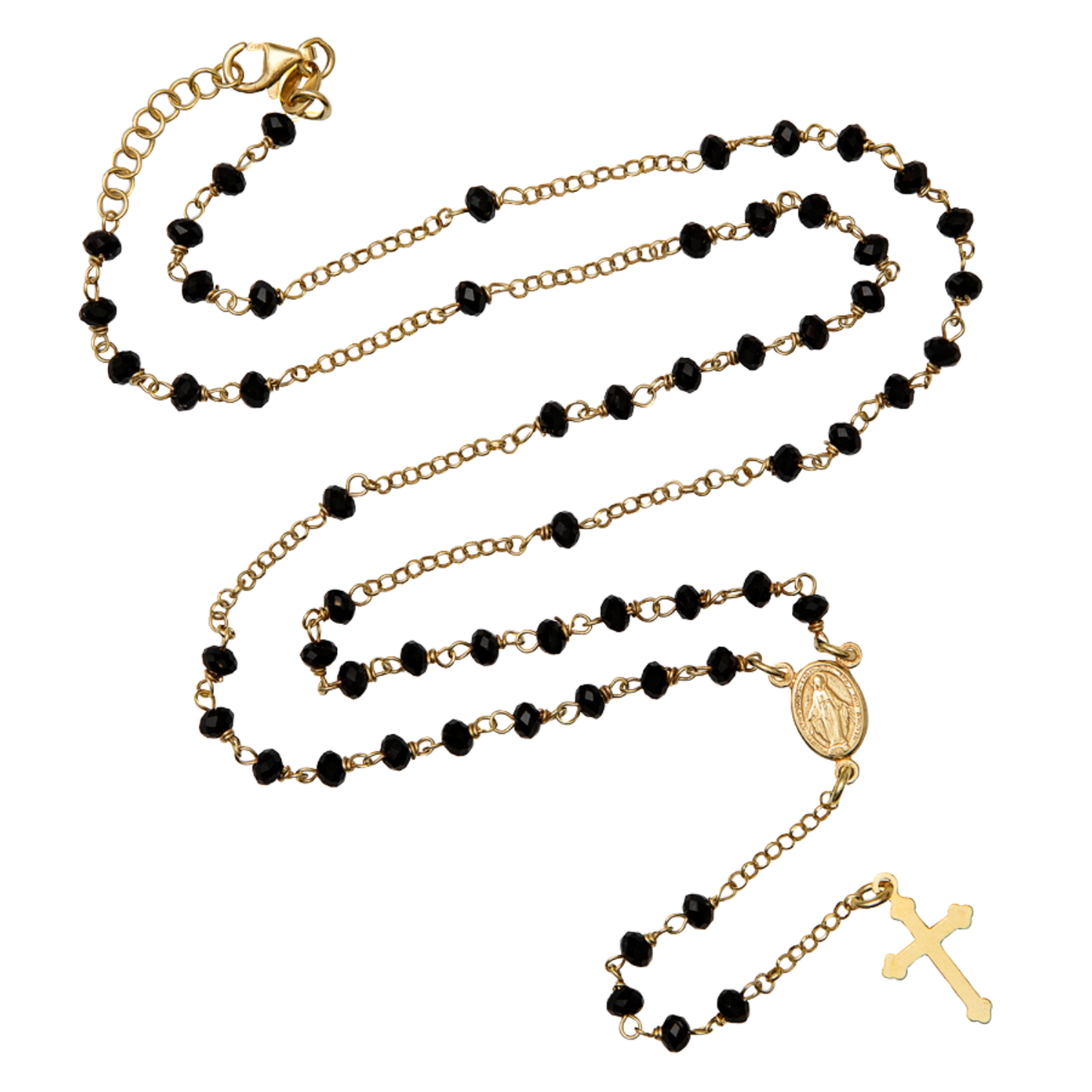 BLACK CRYSTAL ROSARY NECKLACE - VERMEIL SILVER