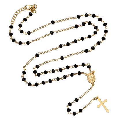 BLACK CRYSTAL ROSARY NECKLACE - VERMEIL SILVER