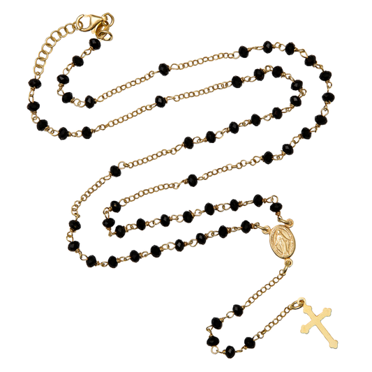 BLACK CRYSTAL ROSARY NECKLACE - VERMEIL SILVER
