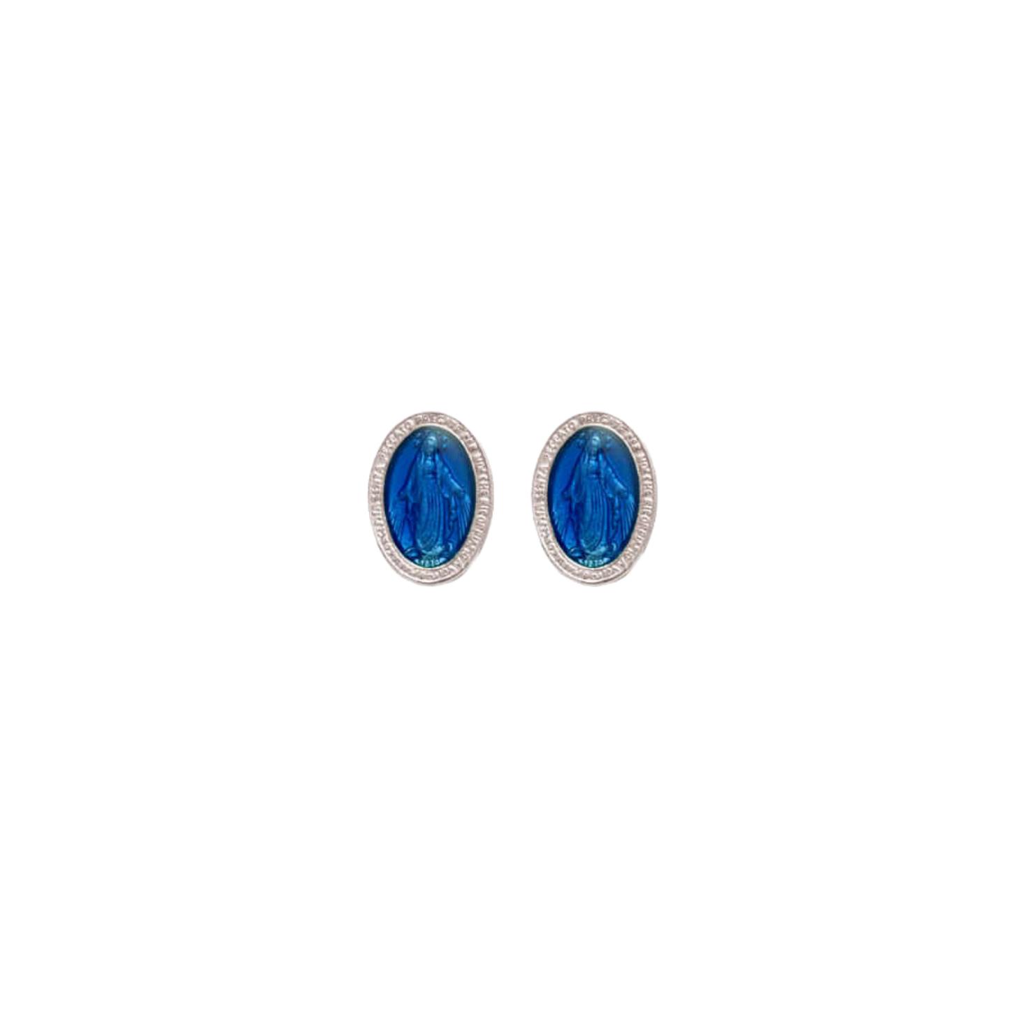 BLUE MIRACULOUS MEDAL - STUD EARRINGS - SILVER