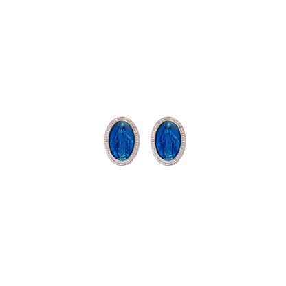 BLUE MIRACULOUS MEDAL - STUD EARRINGS - SILVER