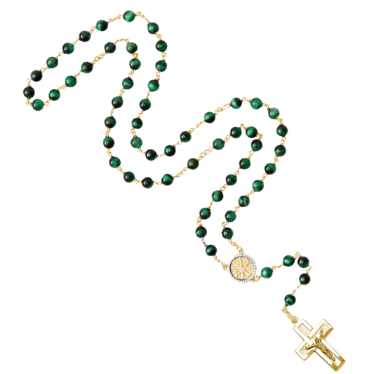 GREEN TIGER EYE ROSARY - VERMEIL SILVER
