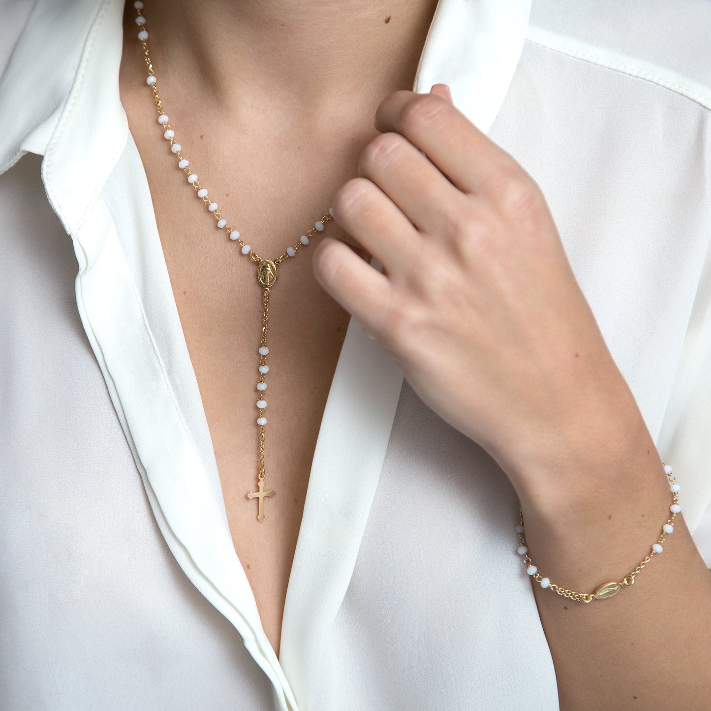 MIRACULOUS MEDAL AND CROSS - BRACELET - GOLDEN SILVER