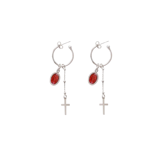 RED MIRACULOUS MEDAL - HOOP EARRINGS - SILVER