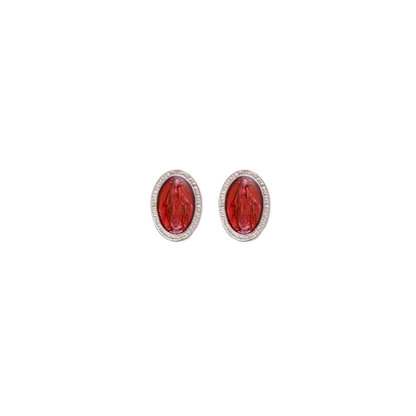 RED MIRACULOUS MEDAL - STUD EARRINGS - SILVER