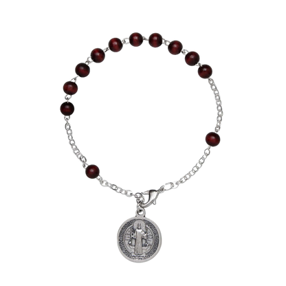 ST BENEDICT - WOOD ROSARY BRACELET - METAL