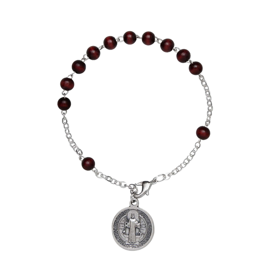 ST BENEDICT - WOOD ROSARY BRACELET - METAL