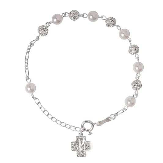 STRASSBALL AND GLASS - PEARL ROSARY BRACELET - SILVER