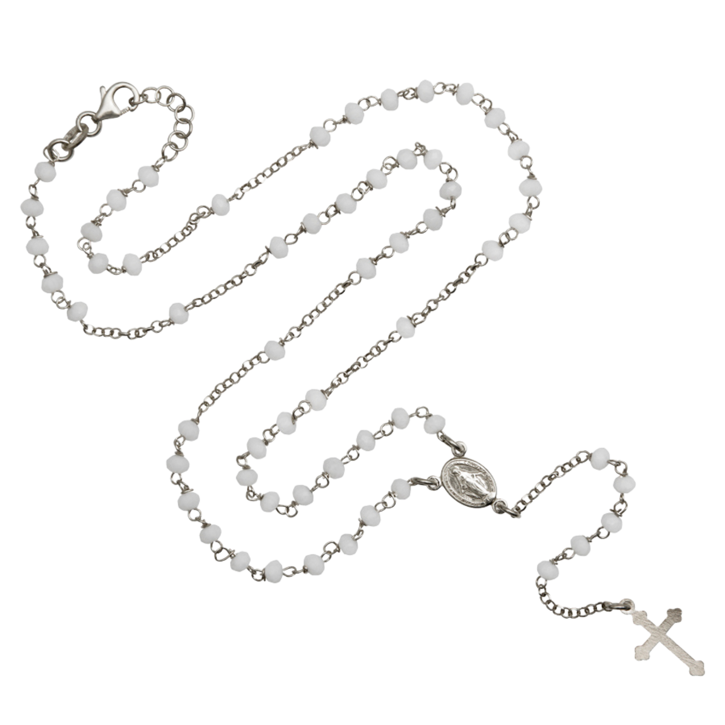 WHITE CRYSTAL ROSARY NECKLACE - SILVER