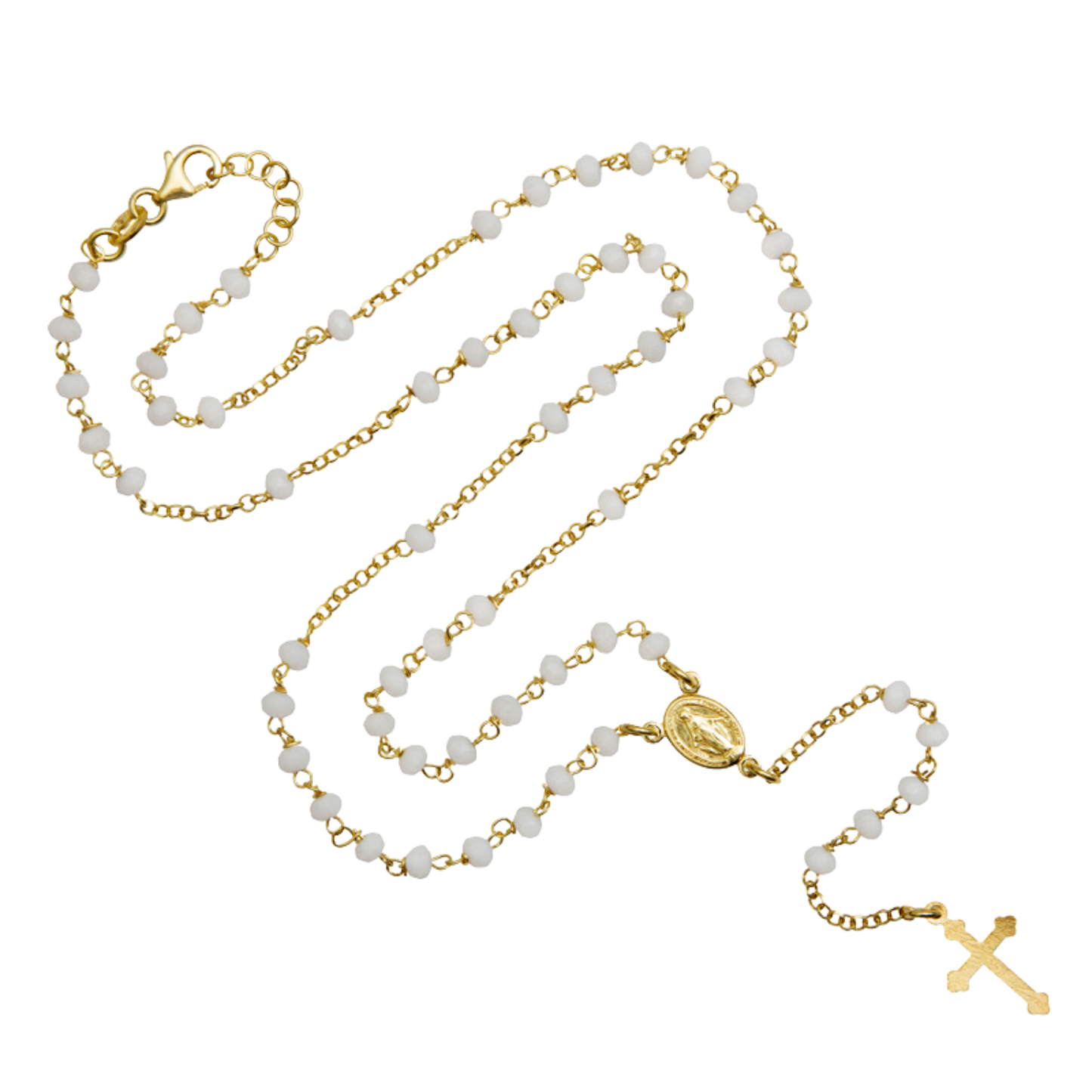 WHITE CRYSTAL ROSARY NECKLACE - VERMEIL SILVER