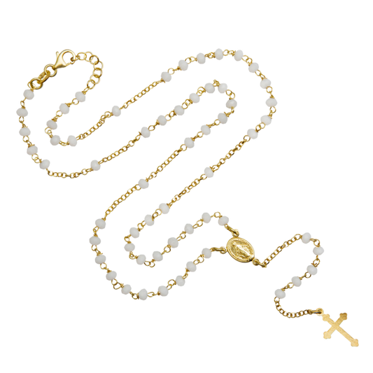 WHITE CRYSTAL ROSARY NECKLACE - VERMEIL SILVER