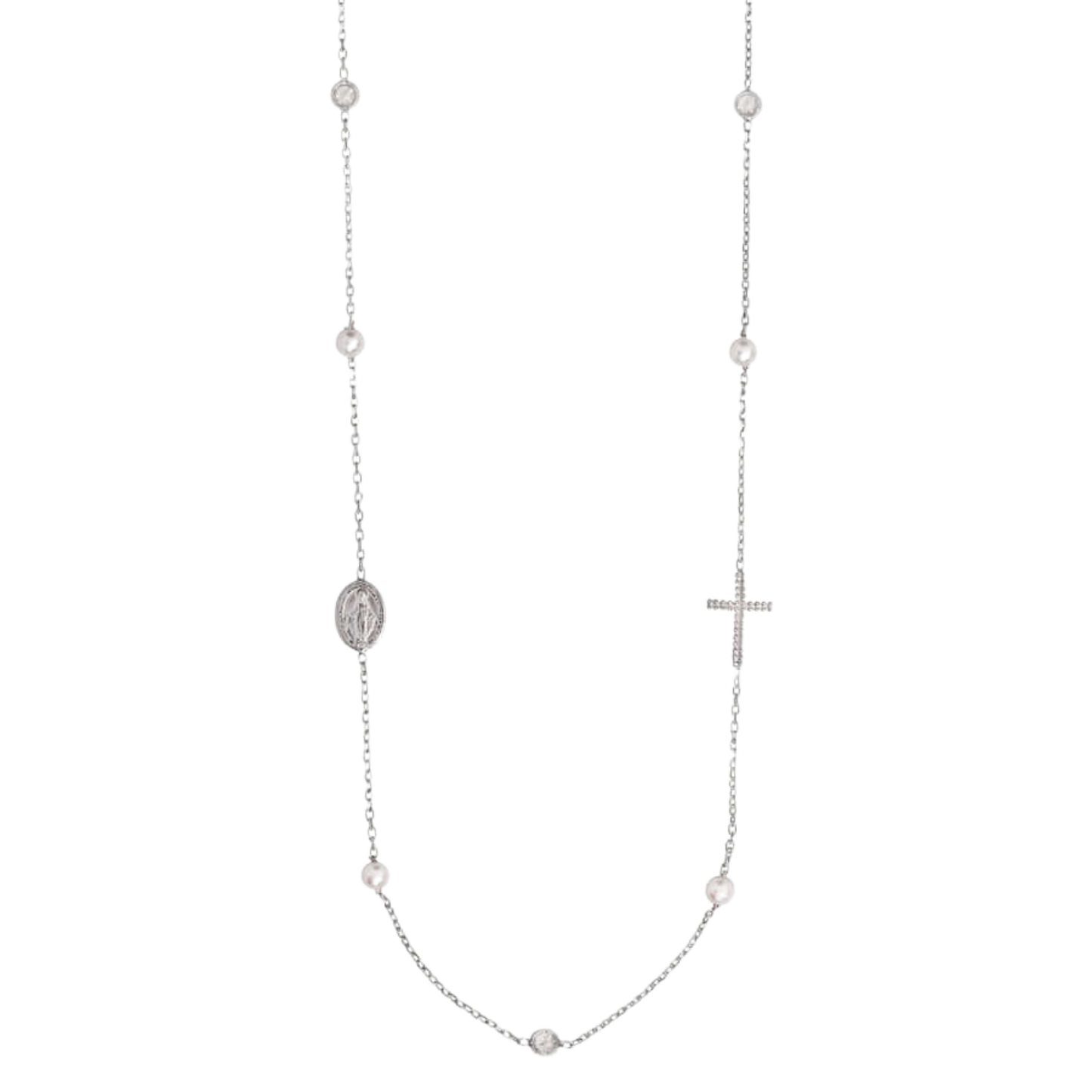 MIRACULOUS AND CROSS - NECKLACE PEARL AND CRYSTAL - SILVER