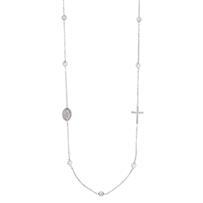 MIRACULOUS AND CROSS - NECKLACE PEARL AND CRYSTAL - SILVER