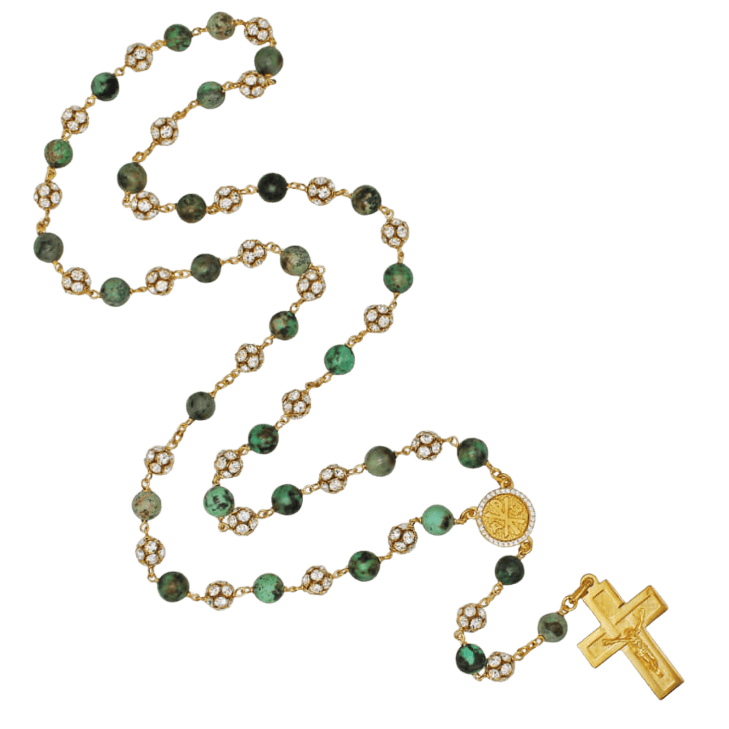 AFRICAN TURQUOISE ROSARY AND STRASSBALL - VERMEIL SILVER