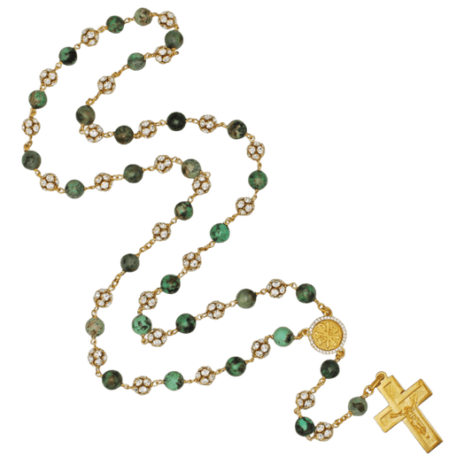 AFRICAN TURQUOISE ROSARY AND STRASSBALL - VERMEIL SILVER