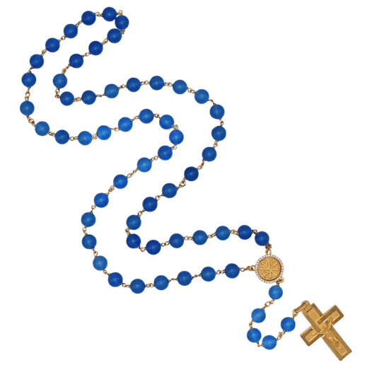 BLUE AGATE BEADS ROSARY - VERMEIL SILVER