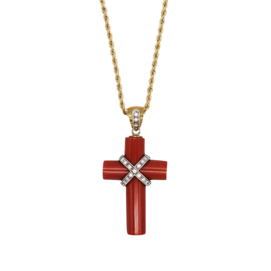 CORAL CROSS PENDANT NECKLACE WITH DIAMONDS - GOLD
