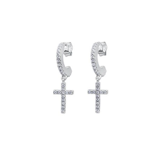 CROSS HOOP EARRINGS - SILVER - ZIRCONIA