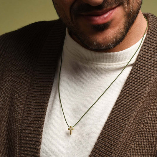 CROSS NECKLACE - GREEN ROPE AND GOLDEN SILVER