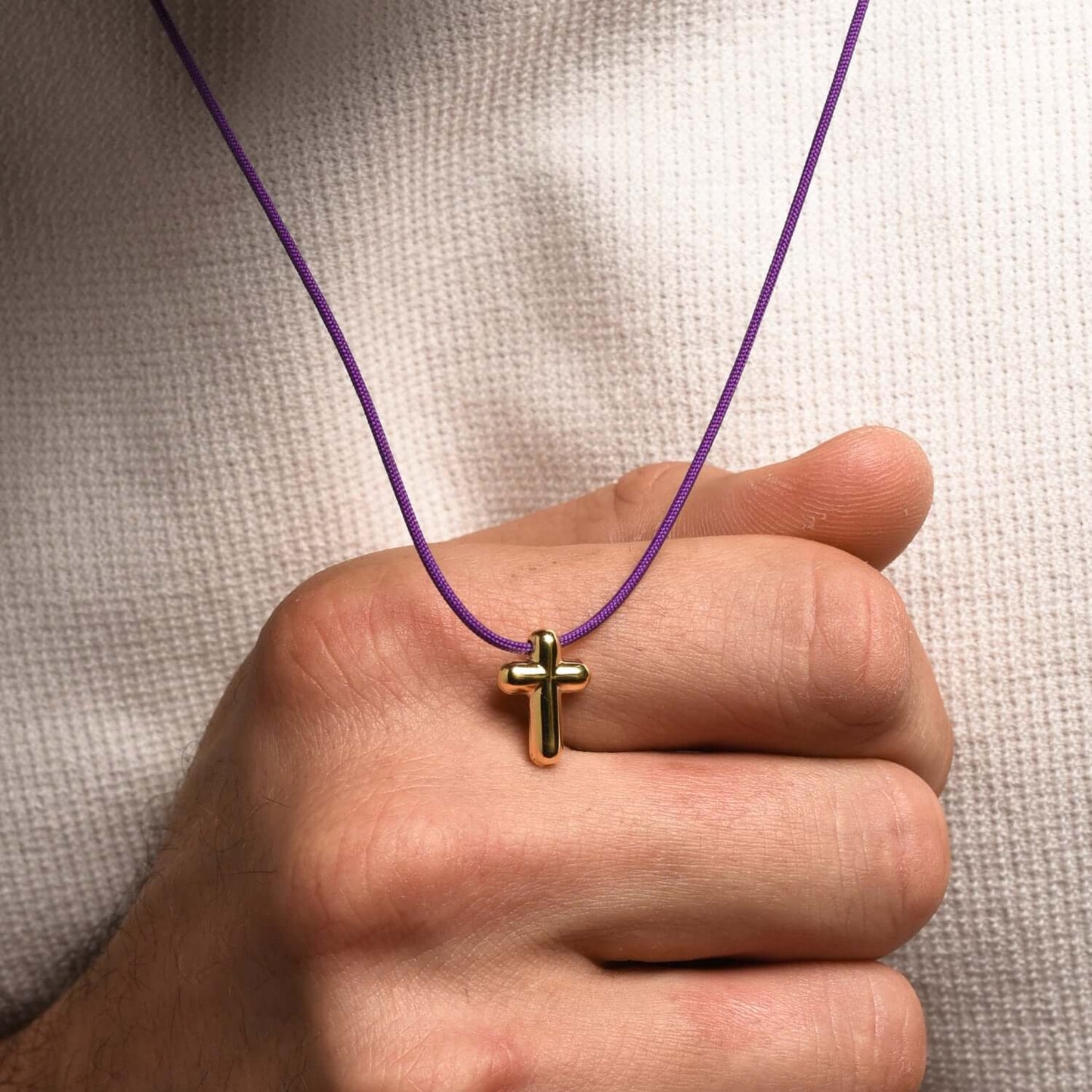CROSS NECKLACE - PURPLE ROPE AND GOLDEN SILVER