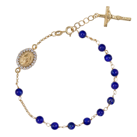 LAPIS LAZULI BEADS ROSARY BRACELET - GOLD