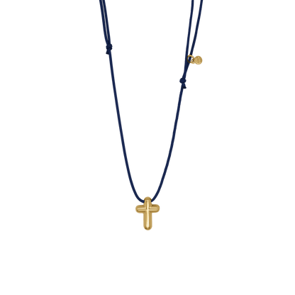CROSS NECKLACE - BLUE ROPE AND GOLDEN SILVER