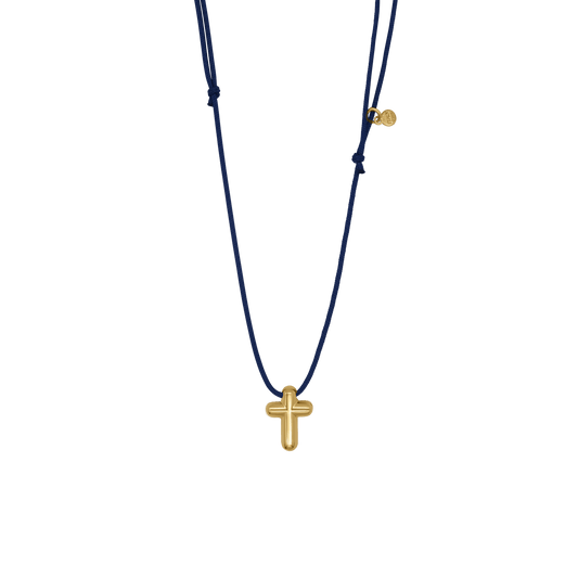 CROSS NECKLACE - BLUE ROPE AND GOLDEN SILVER