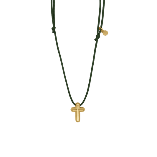 CROSS NECKLACE - GREEN ROPE AND GOLDEN SILVER