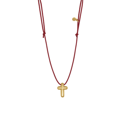 CROSS NECKLACE - RED ROPE AND GOLDEN SILVER