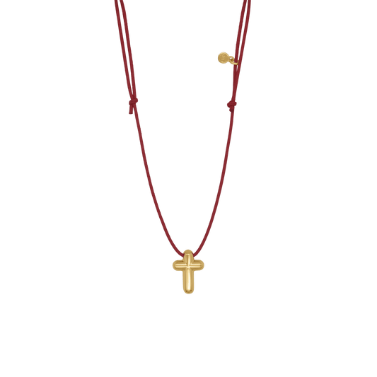 CROSS NECKLACE - RED ROPE AND GOLDEN SILVER