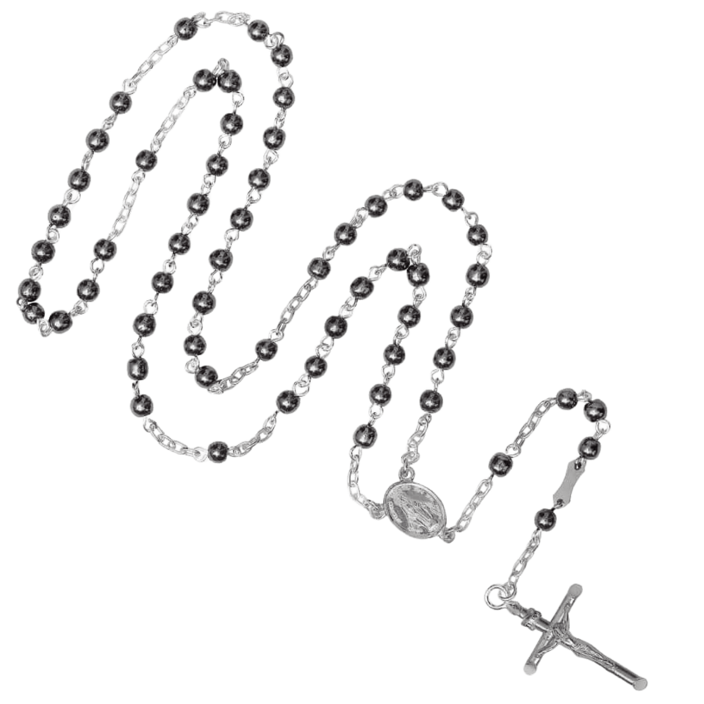 HEMATITE BEADS ROSARY - SILVER