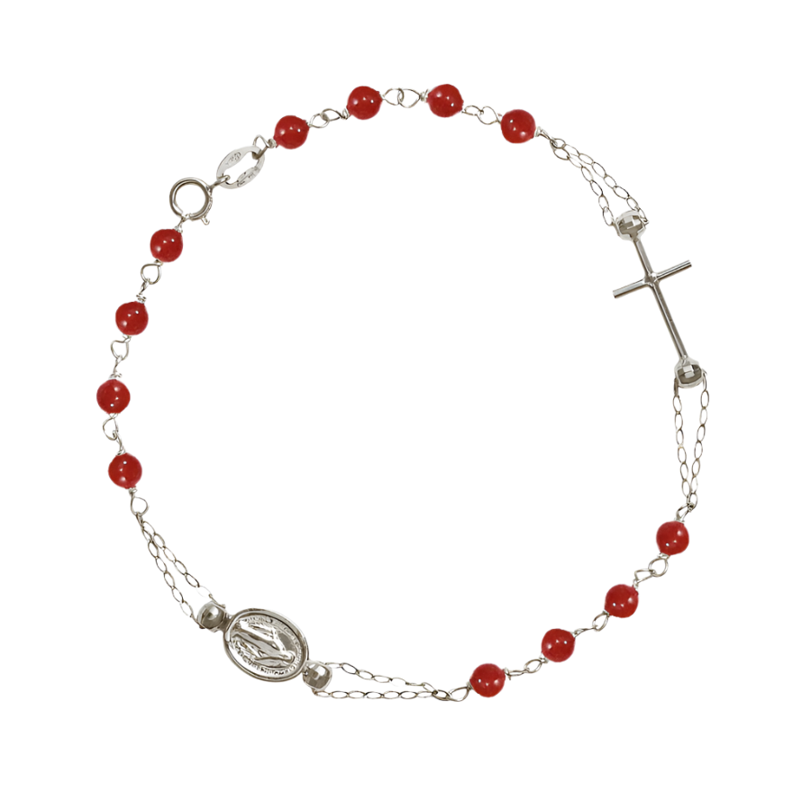 MIRACULOUS AND CROSS - CORAL ROSARY BRACELET - WHITE GOLD