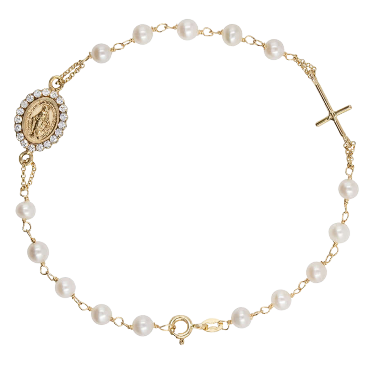 MIRACULOUS MEDAL AND CROSS - CHRISTIAN BRACELET - GOLD AND PEARLS