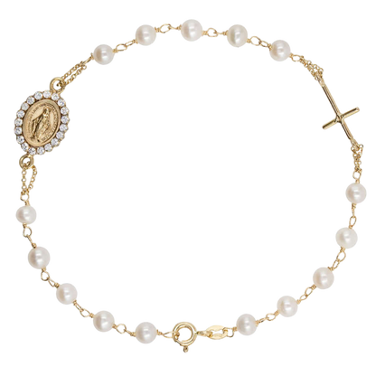 MIRACULOUS MEDAL AND CROSS - CHRISTIAN BRACELET - GOLD AND PEARLS