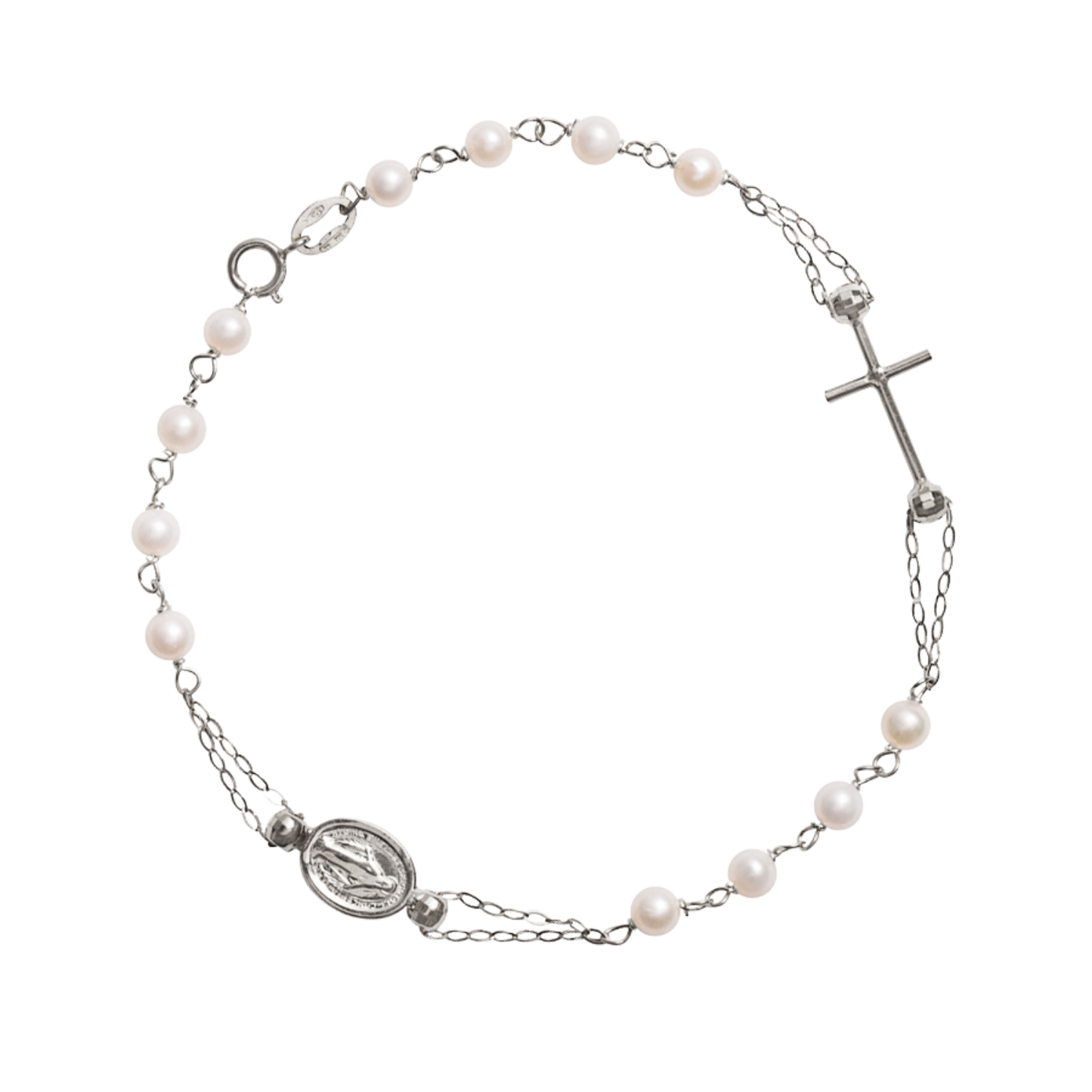 MIRACULOUS AND CROSS - PEARLS ROSARY BRACELET - WHITE GOLD