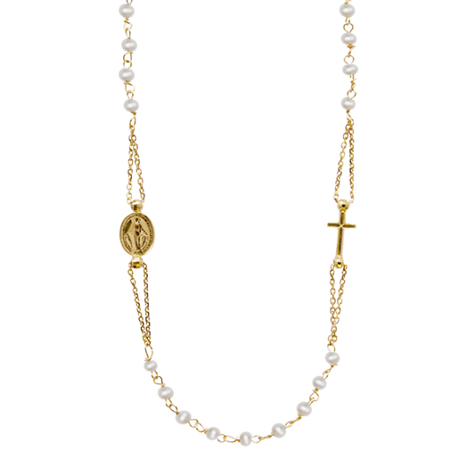 MIRACULOUS AND CROSS - PEARL NECKLACE - GOLD