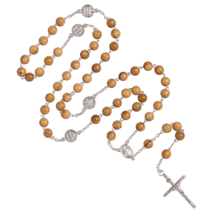 OLIVE WOOD BEADS ROSARY - SILVER