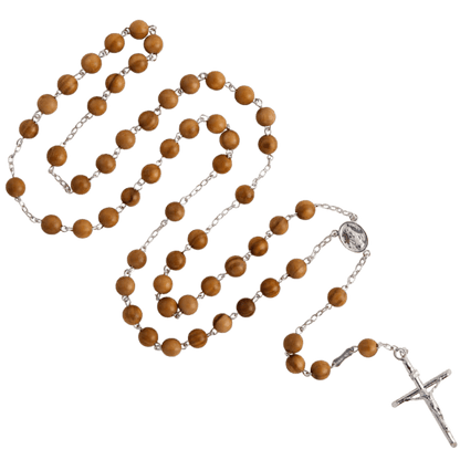 OLIVE WOOD BEADS ROSARY - SILVER