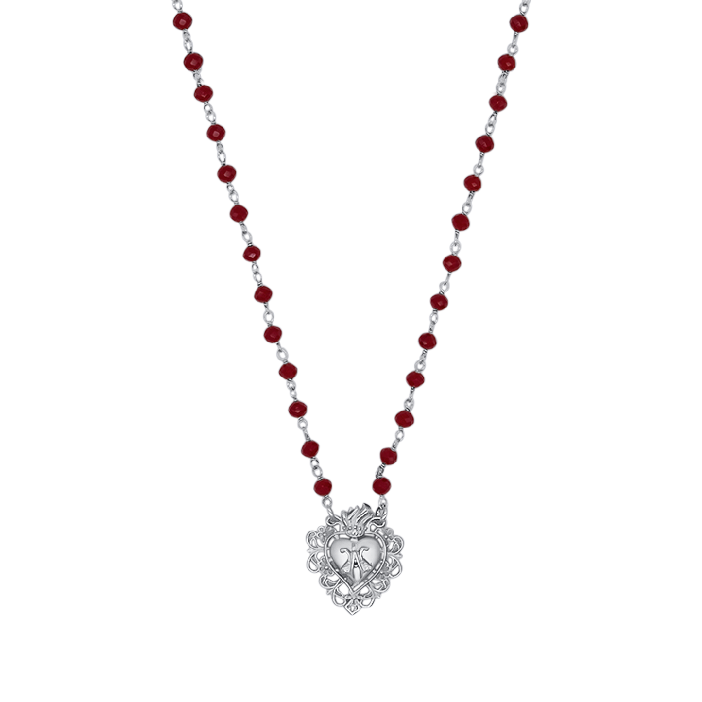 SACRED HEART NECKLACE - SILVER AND RED CRYSTALS