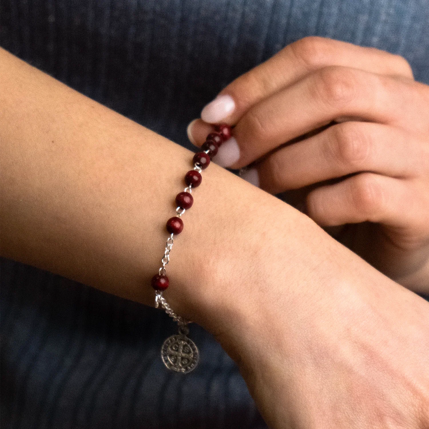 ST BENEDICT - WOOD ROSARY BRACELET - METAL