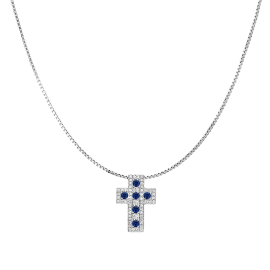 CROSS AND CHAIN - SAPPHIRE AND DIAMONDS - WHITE GOLD