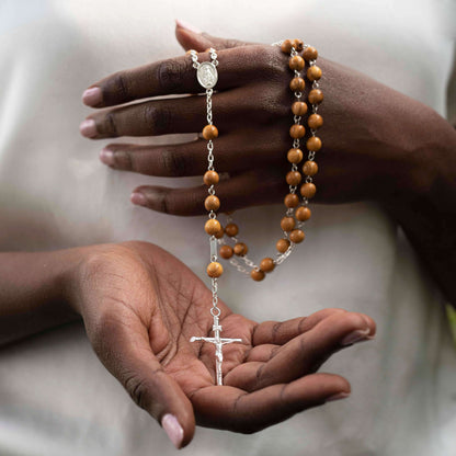 OLIVE WOOD BEADS ROSARY - SILVER