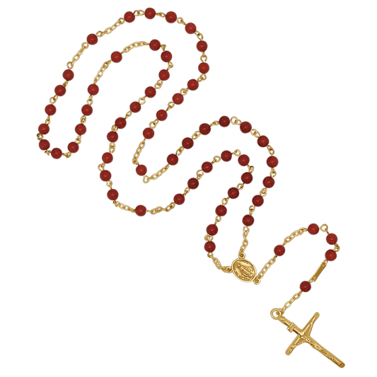 CORAL ROSARY - GOLDEN SILVER