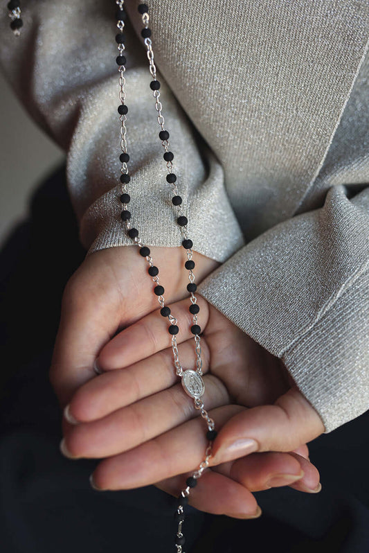 VOLCANIC LAVA BEADS ROSARY - SILVER