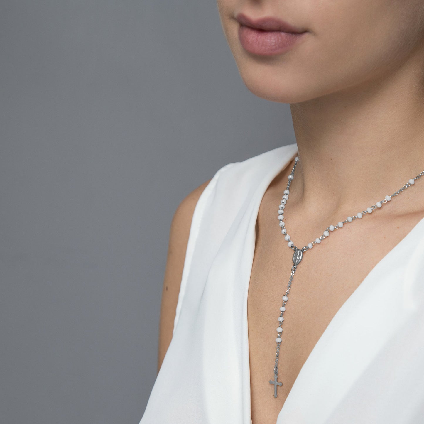 WHITE CRYSTAL ROSARY NECKLACE - SILVER